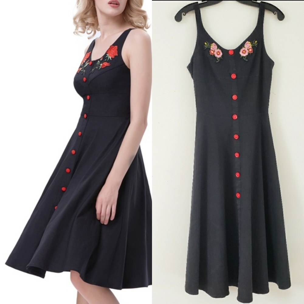 ACEVOG Black Cotton Mid Dress with Floral Embroidery Size S
